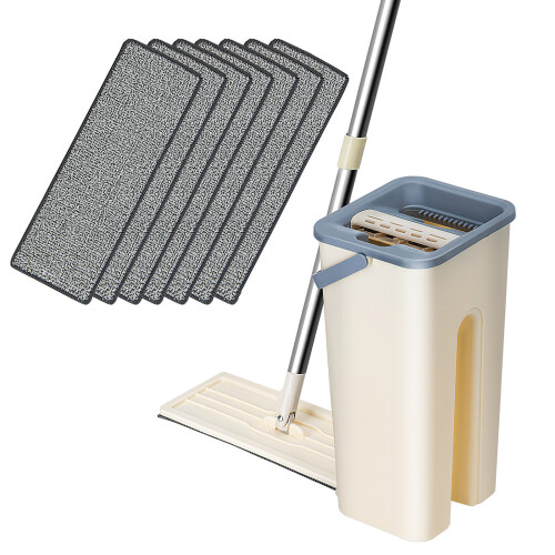 (1 Mop set + 7 Pads) 360° Flat Squeeze Microfiber Tilesr Mop Bucket Set