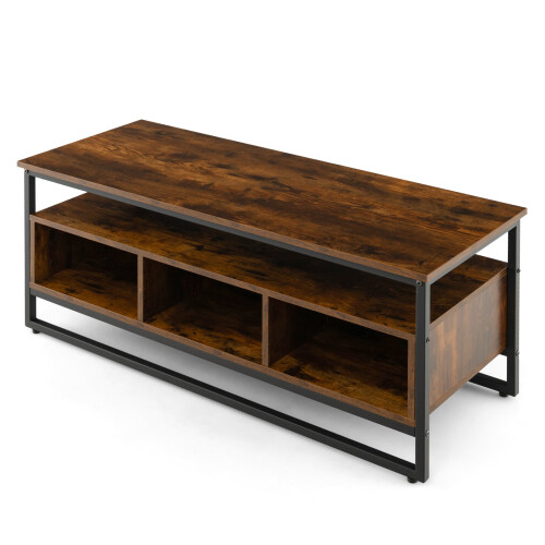 Costway Coffee Table Industrial Center Table with Open Shelf 3 Storage Cubbies