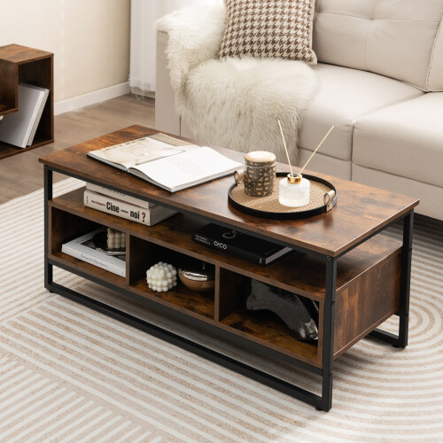 Costway Coffee Table Industrial Center Table with Open Shelf 3 Storage Cubbies 2