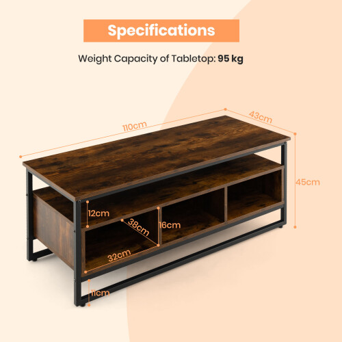 Costway Coffee Table Industrial Center Table with Open Shelf 3 Storage Cubbies 1
