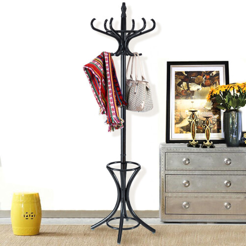 Costway Floor Standing Coat Jacket Stand Solid Wood Hanger with Umbrella Rack 2