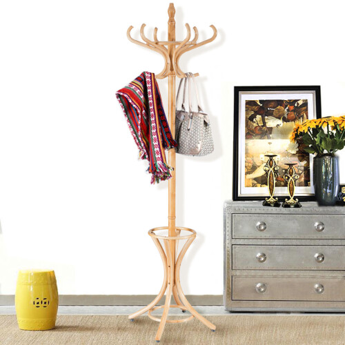 Costway Floor Standing Coat Jacket Stand Solid Wood Hanger with Umbrella Rack 2