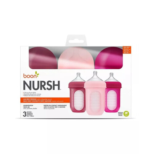 Boon Nursh 3 Months+ Feeding Bottle Pink Multi 236ml, 3's