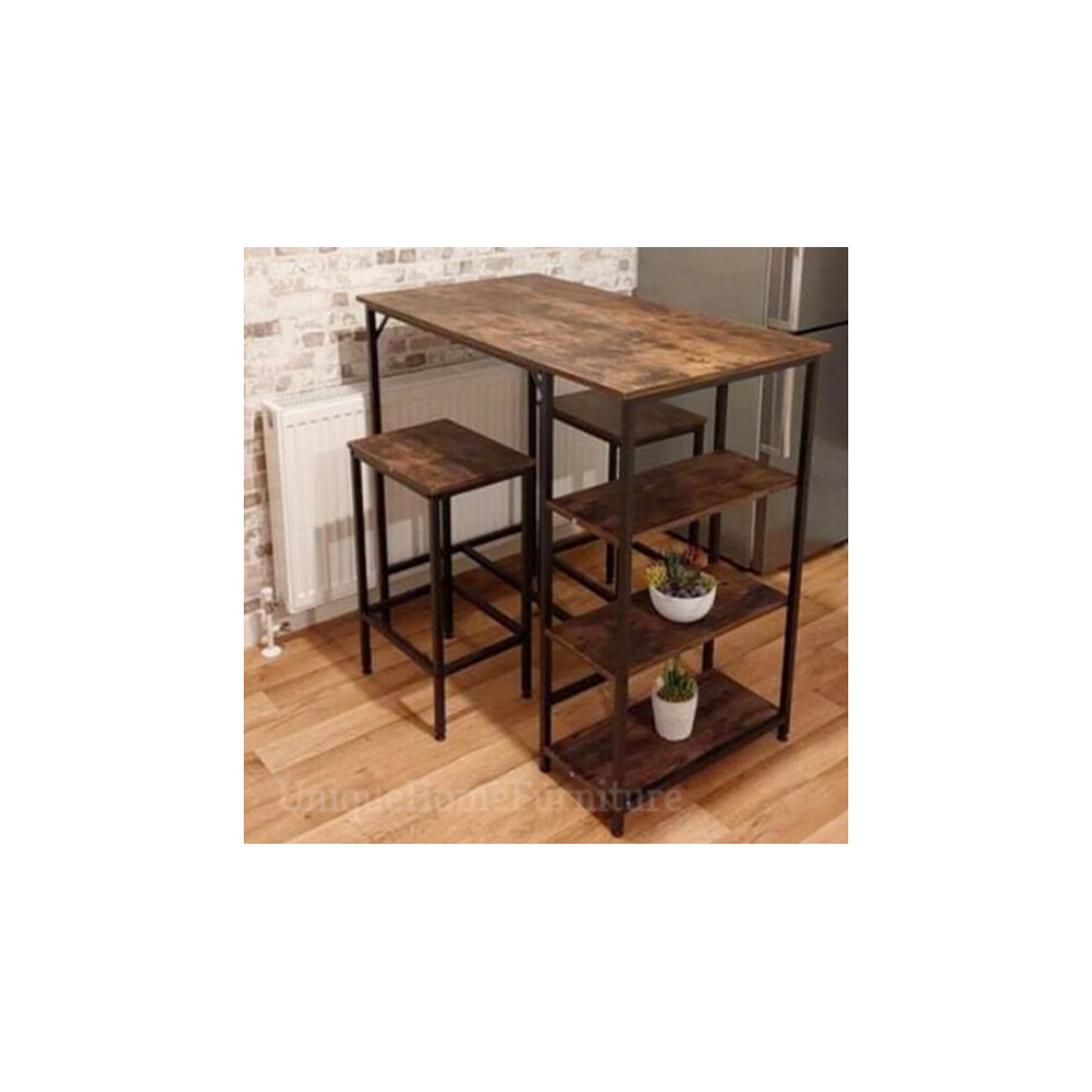 Breakfast Bar Table Vintage Industrial 2 Stools Tall Kitchen Dining Compact Set