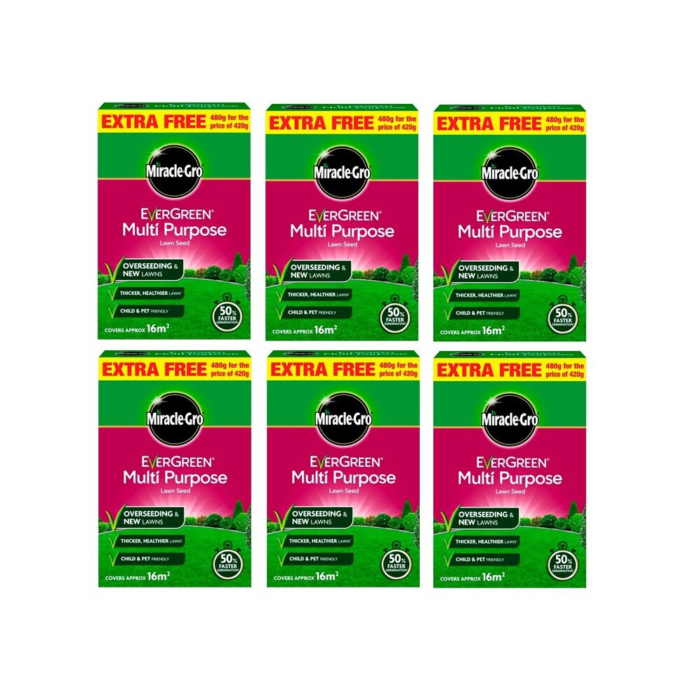 6x Evergreen Multi Purpose Grass Seed Miracle Gro Lawn Seed 16m2 480g