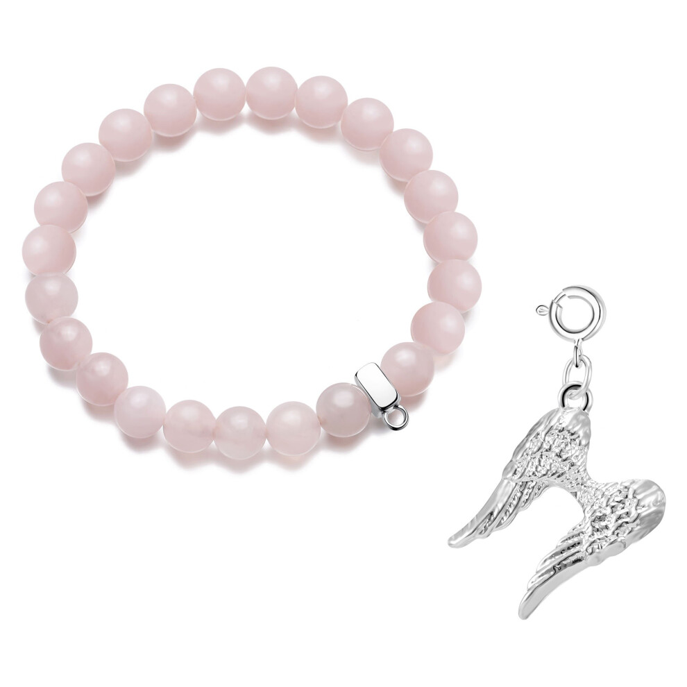 Angel Wings Rose Quartz Gemstone Charm Bracelet