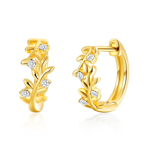 Philip Jones Jewellery Gold Plated Leaf Hoop Earrings Created with Zircondia Crystals