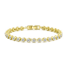 Gold Plated Solitaire Tennis Bracelet with Zircondia Crystals – 27 Clear 3mm Stones, 18cm, Hypoallergenic