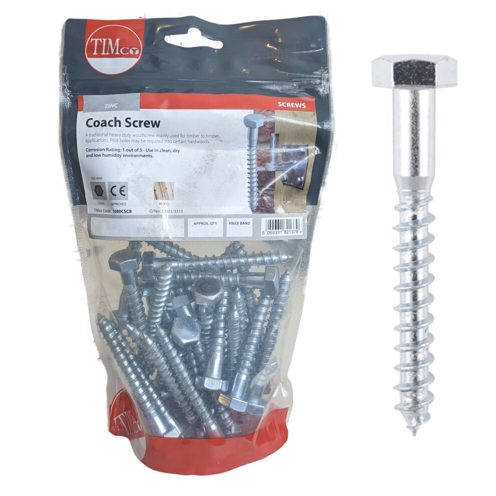 Timco Hex Head Coach Screws (Silver) - 6 X 70mm (100 Pack Bag)