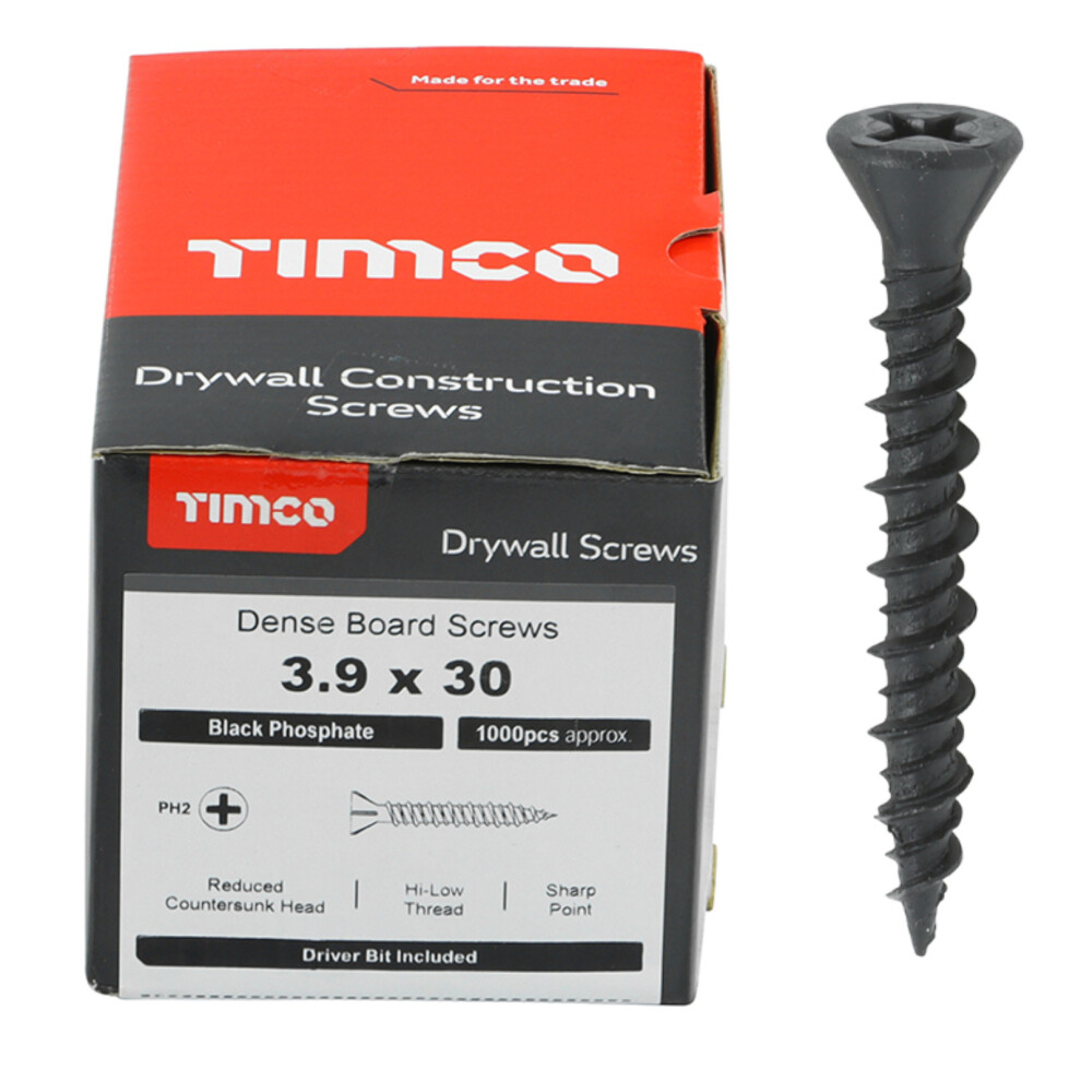 Timco Dense Plasterboard Screws High-Low Thread (Black) - 3.9 X 30mm (1000 Pack Box)