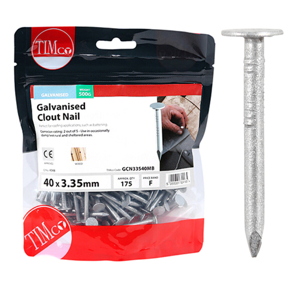 Timco Galvanised Clout Nails - 3.35 x 40mm (500g Bag)