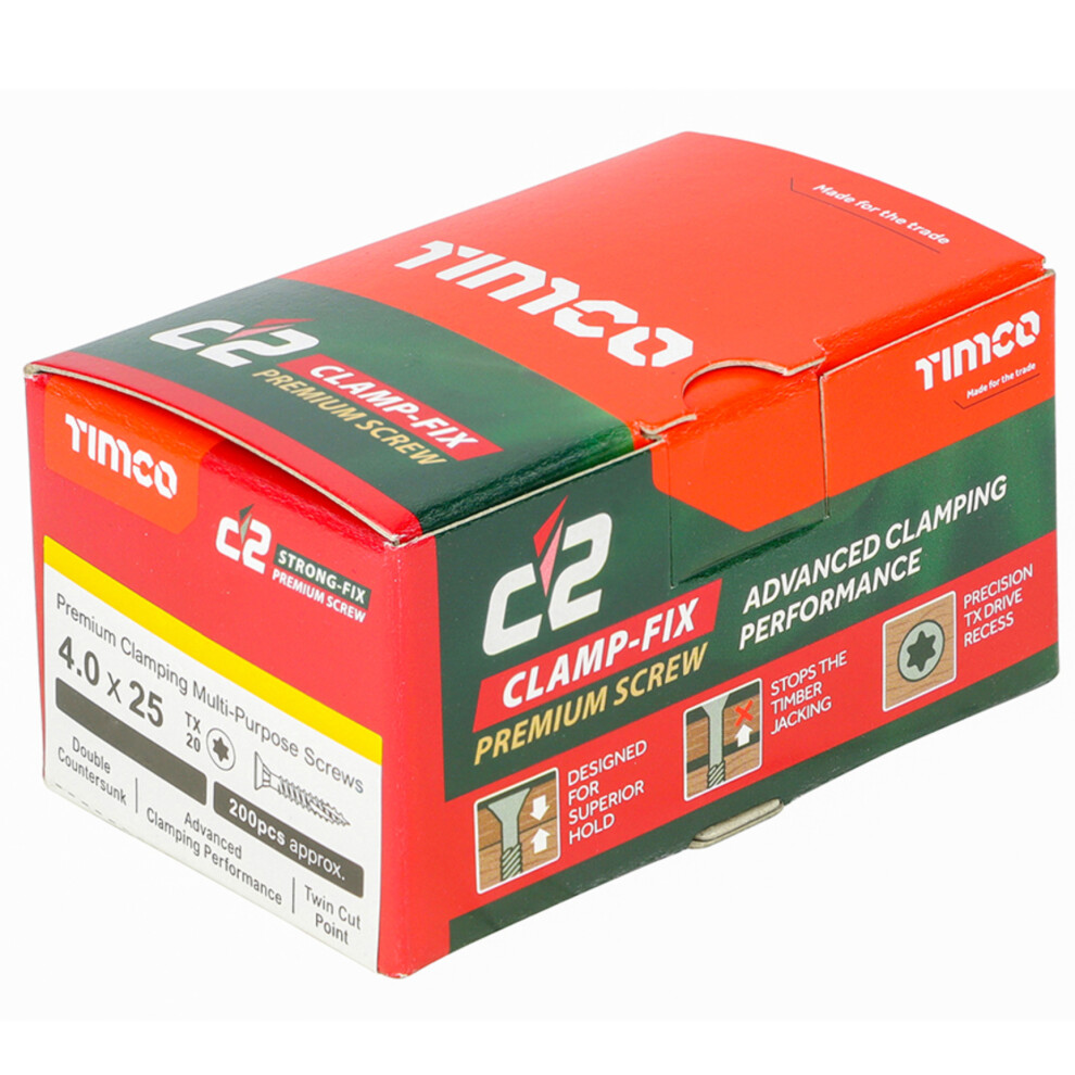 Timco C2 Clamp-Fix Multi-Purpose Premium Countersunk Gold Woodscrews - 4 x 25mm (200 Box)