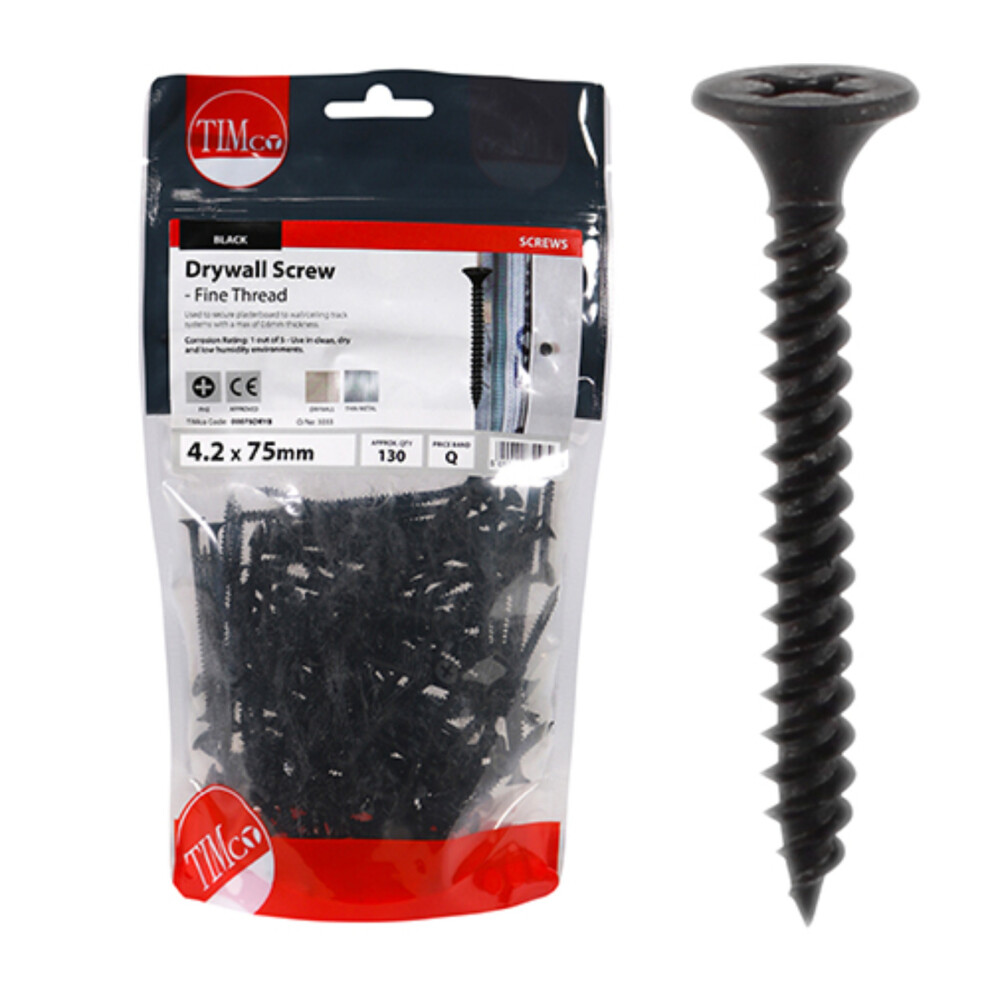Timco Plasterboard Screws Fine Thread (Black) - 4.2 x 75mm (130 Pack Bag)