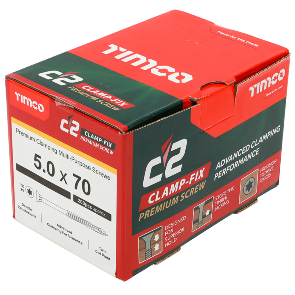 Timco C2 Clamp-Fix Multi-Purpose Premium Countersunk Woodscrews - 5 X 70Mm (200 Box) Gold