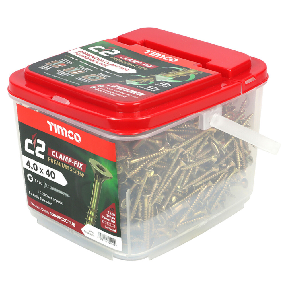 Timco C2 Clamp-Fix Multi-Purpose Premium Countersunk Woodscrews - 4 X 40Mm (1200 Tub) Gold