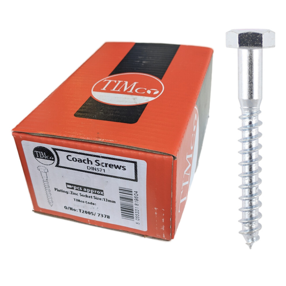 Timco Hex Head Coach Screws (Silver) - 12 x 75mm (50 Pack Box)