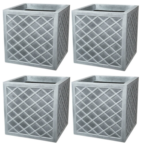 4x Square Lazio Planter 32cm Plastic Pot Lattice Effect Slate Grey