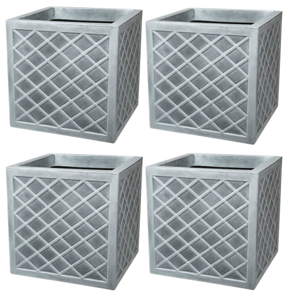 4x Square Lazio Planter 32cm Plastic Pot Lattice Effect Slate Grey