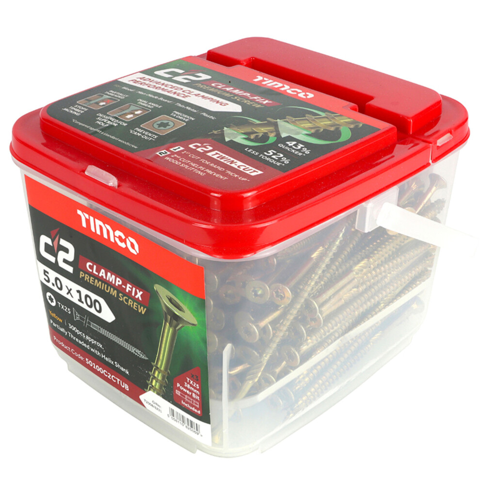 Timco C2 Clamp-Fix Multi-Purpose Premium Countersunk Woodscrews - 5 X 100Mm (300 Tub) Gold