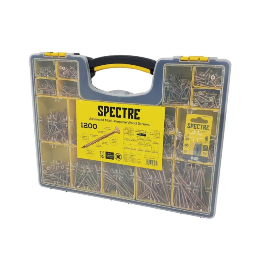 ForgeFix Spectre Advanced Countersunk Wood Screws (Zinc Yellow Passivated) - Assorted Organiser Box (1200 Piece)