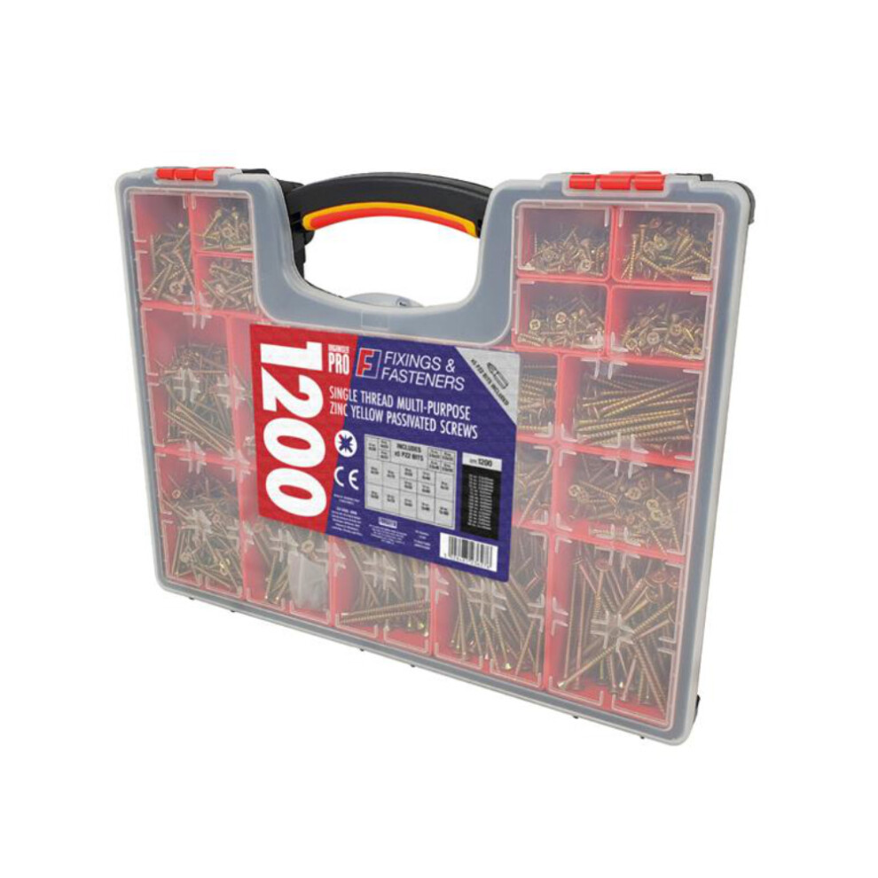 ForgeFix Multi-Purpose Wood Screws (Zinc Yellow Passivated) - Assorted Organiser Box (1200 Piece)