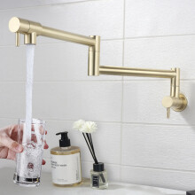 (Brushed gold) Kitchen Pot Filler faucets Wall Mount Commercial Double Joint Swing Arm Kitchen Sink Faucet Folding Stretchable with Single Hole Two Handle