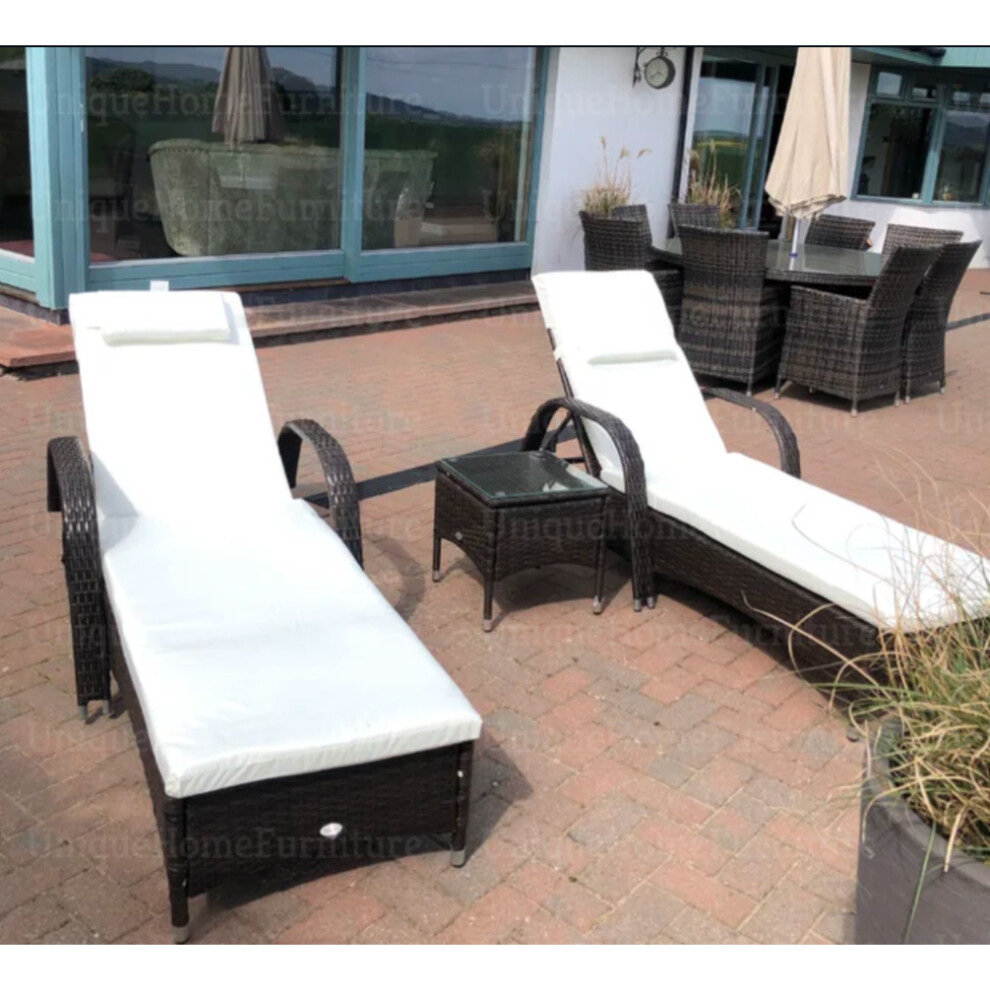 Brown Large Sun Lounger Wicker Rattan Set 2 Sun Bed Garden Patio Table Recliner Chairs