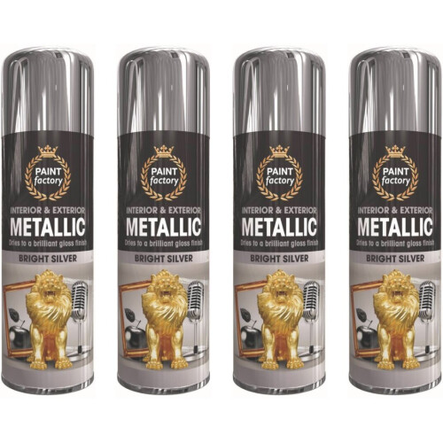 Rapide 4 x 400ml Silver Metallic Spray Paint Interior & Exterior Gloss Finish