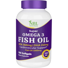 NBL Natural Super Omega 3 Fish Oil 1000mg 360 EPA 240 DHA Cardiovascular Support 100 Softgels