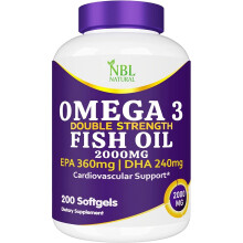 NBL Natural Omega 3 Fish Oil 2000 mg 360 EPA 240 DHA Double Strength Cardiovascular Support 200 Softgels