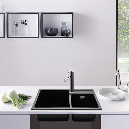 Living And Home Undermount Quartz Kitchen Sink Double Bowl Black 2
