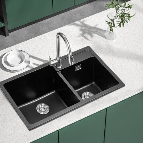 Living And Home Undermount Quartz Kitchen Sink Double Bowl Black 1