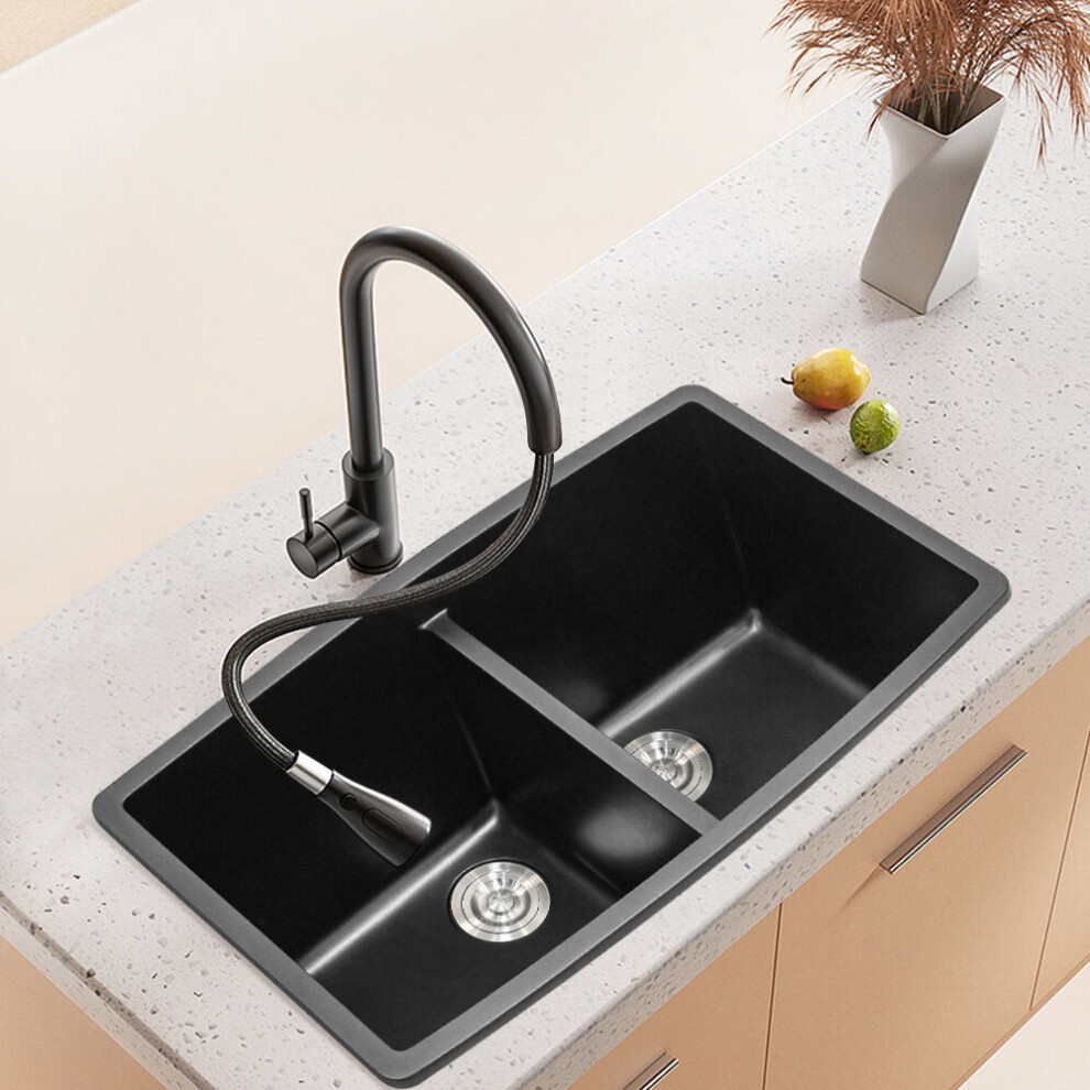 Quartz Equal Double Bowl Undermount Kitchen Sink Black
