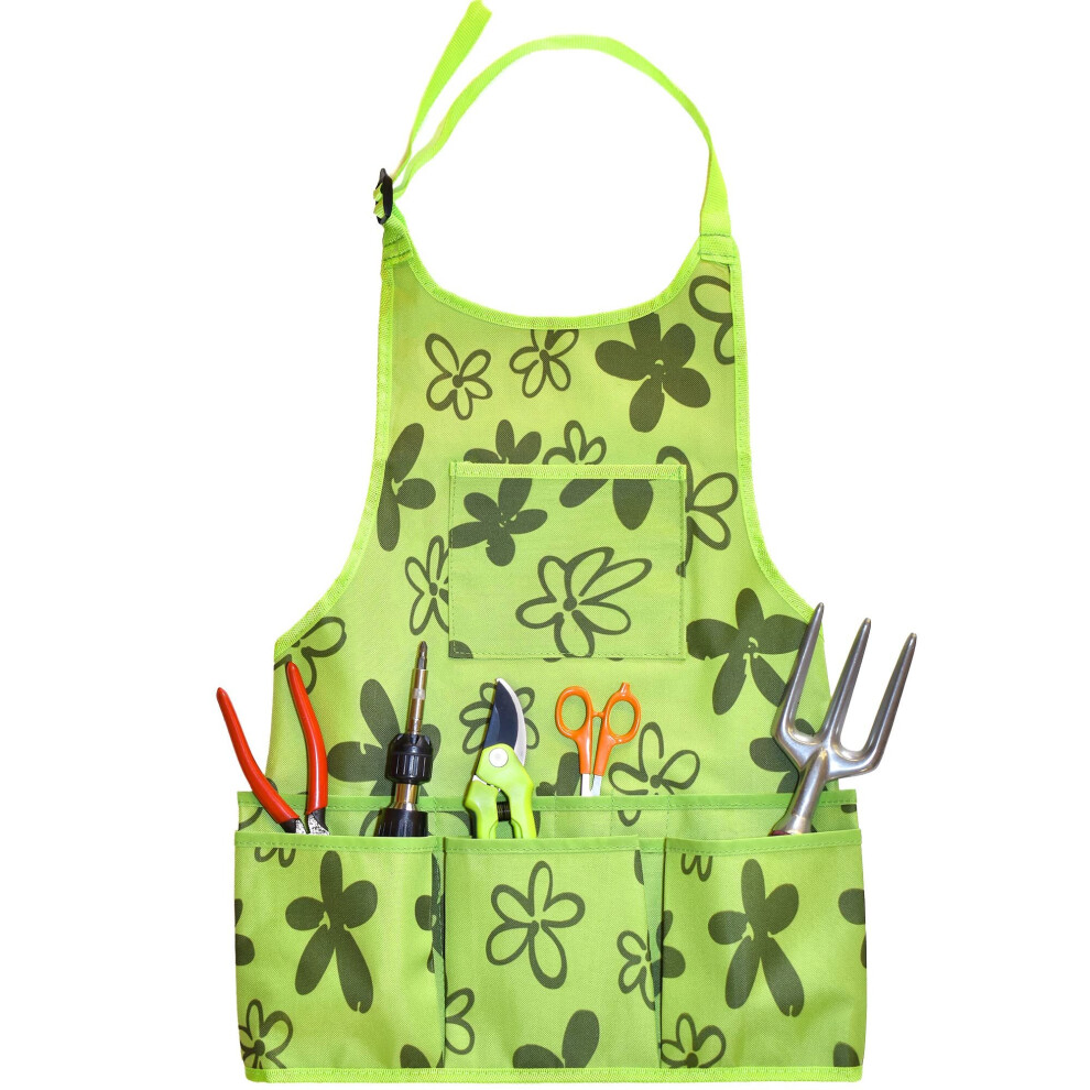 Green gardening apron with chest pocket and belt for gardening tools