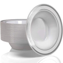 20Pcs Disposable Dinner Bowl 12 oz White Hard Plastic Bowl With Silver and Gold Edges Suitable for Parties Weddings Catering