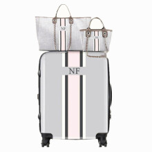 Personalised Monogram Luggage Classic Grey with Stripe Set of 3 French Grey, White & Pink- Suitcase, Jumbo & Mini Tote Trolley