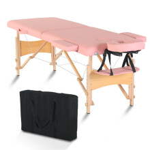 Beauty Massage Table Bed 2 Sections Folding Beech Leg 186x60x60CM Height Adjustable Versatile Portable Pink/White[US-Stock]