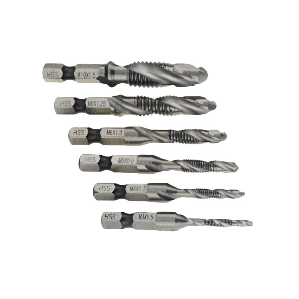 6Pcs M3-M10 Screw Tap Drill Bits Hss Taps Countersink Deburr Set Metric Combination Bit High Speed Steel 1/4 In Quick Change Hex 5063131358421