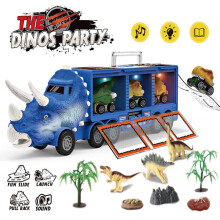 (Blue) 14 in 1 Kids Boy Dinosaur Toys Transporter Truck with Music & Lights Storage Car