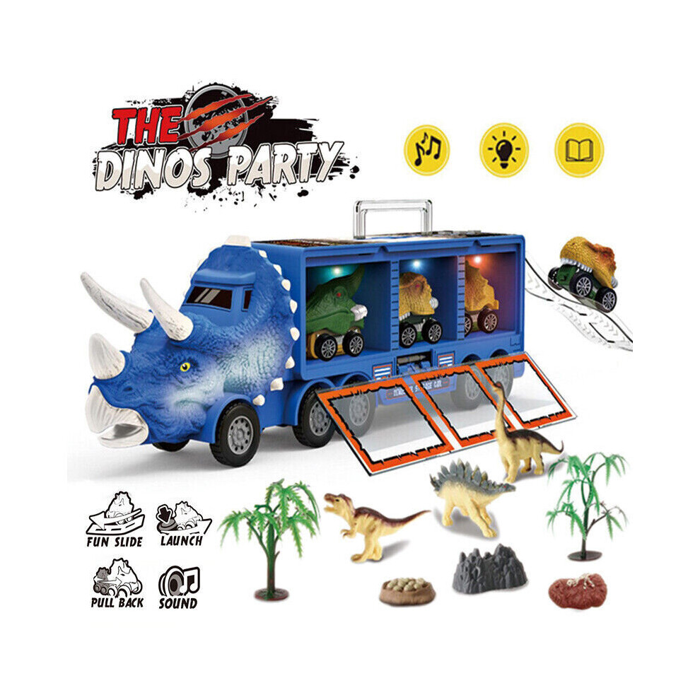 (Blue) 14 in 1 Kids Boy Dinosaur Toys Transporter Truck with Music & Lights Storage Car