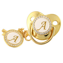 Name Initial 26 Letters Baby Pacifier and Pacifier Clips BPA Free Silicone Infant Nipple Gold Bling Newborn Dummy Soother