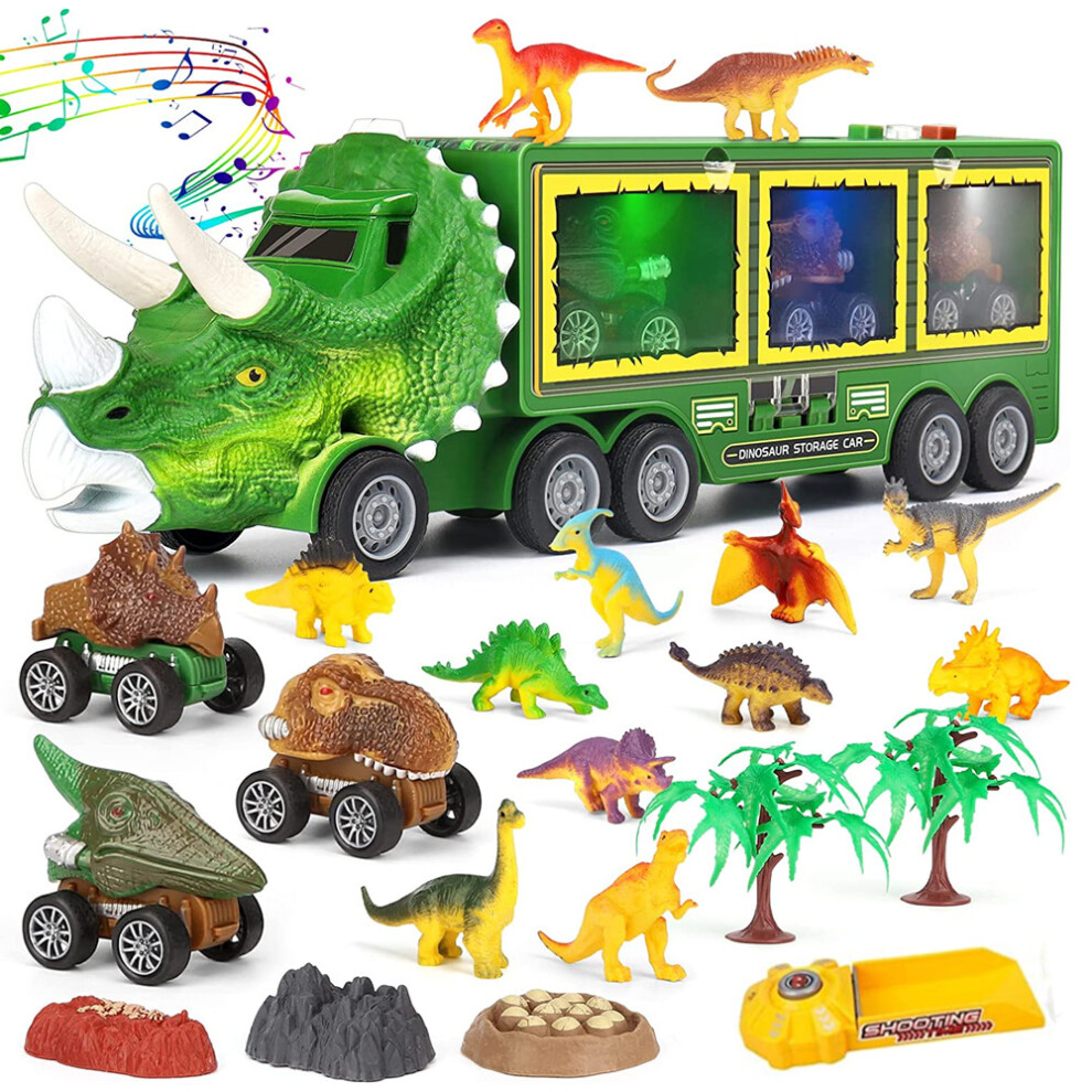 (Green) 14 in 1 Kids Boy Dinosaur Toys Transporter Truck with Music & Lights Storage Car