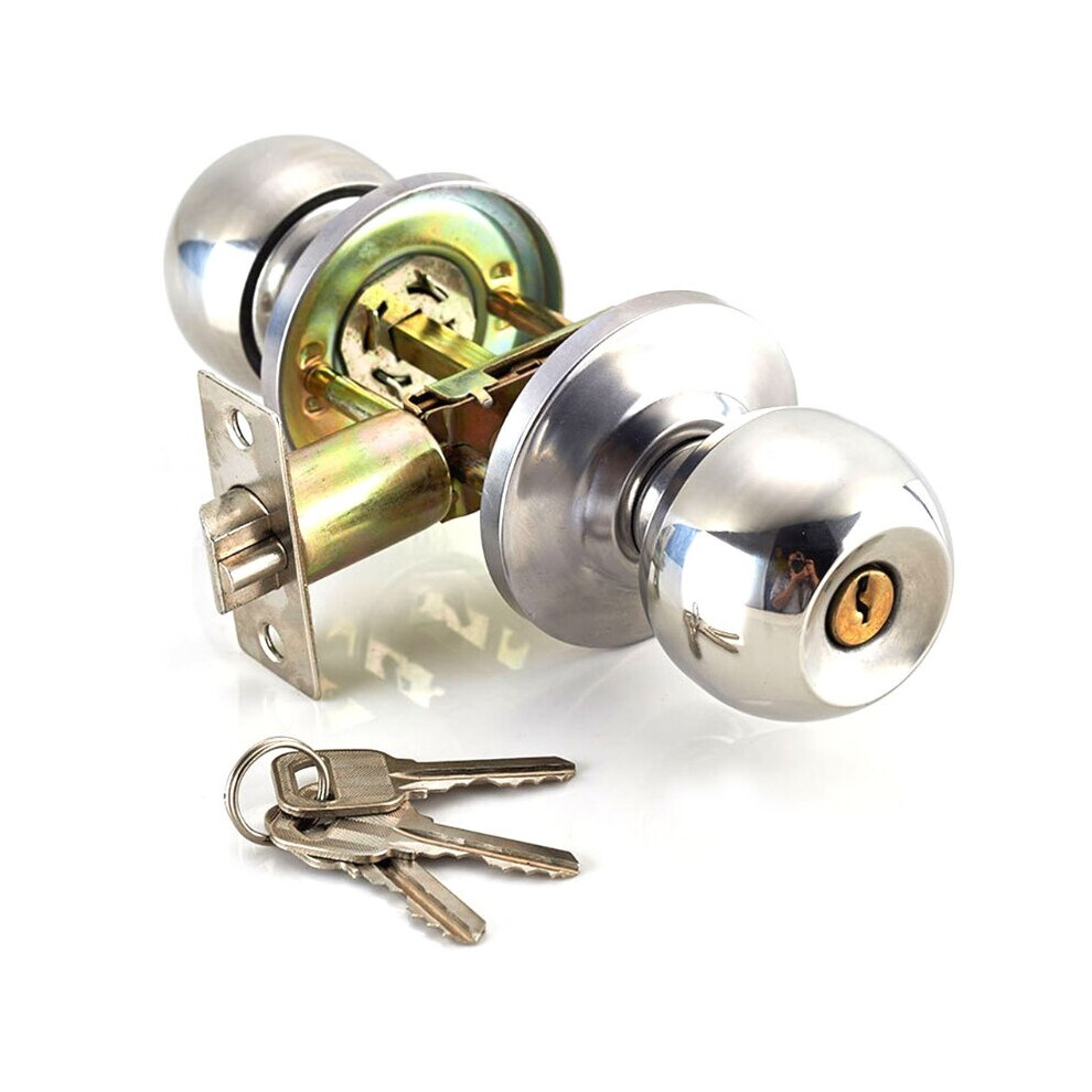 New Stainless Steel Round Ball Door Knobs Handle Passage Entrance Lock Entry With 3 Keys For Bedrooms Living Rooms 5063131496826