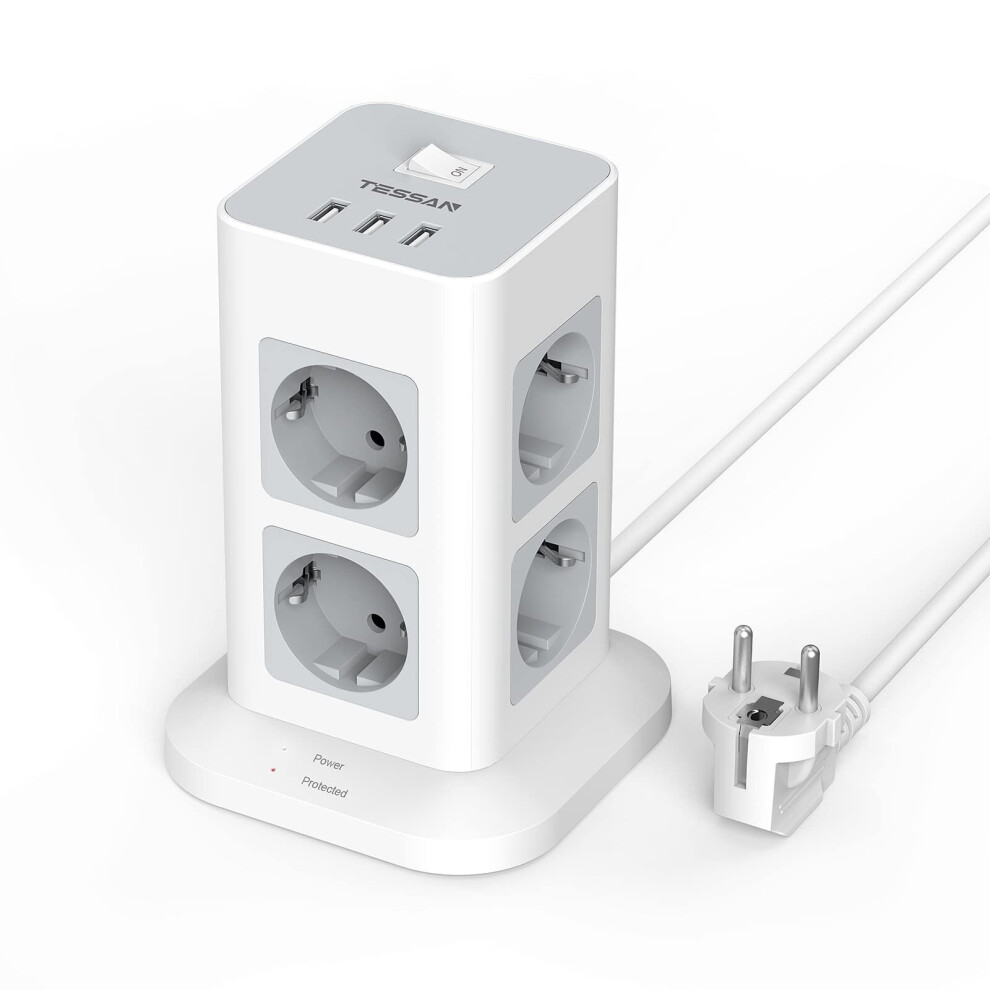 TESSAN EU Plug Vertical Power Strip with 8 AC Outlets & 3 USB Ports, Socket Tower with 2m Extension Cable for Home, Office