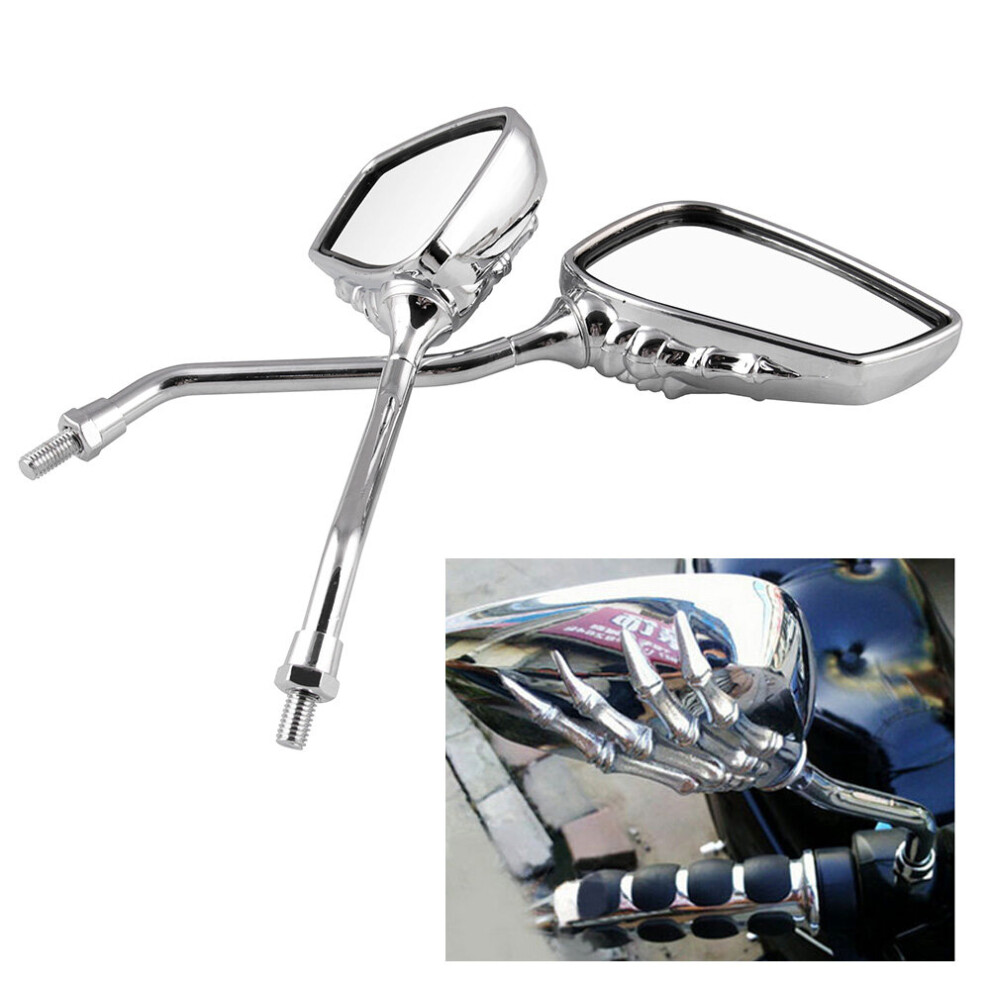 2Pcs/Set Universal 8Mm 10Mm Motorcycle Chrome Skeleton Skull Hand Claw Side Mirrors Rear View For Motorbike Black/Silver 5063131497779