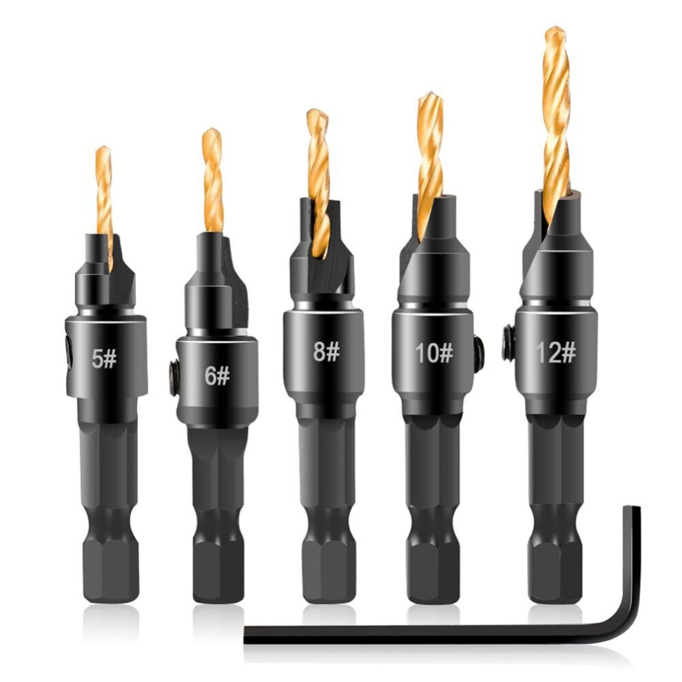6Pcs Woodworking Drill Bit Set Countersink Drill Hex Shank Drill Bit Drilling Pilot For Screw Sizes #5/6 /8/10/12 Carpentry Tool 5063131548488