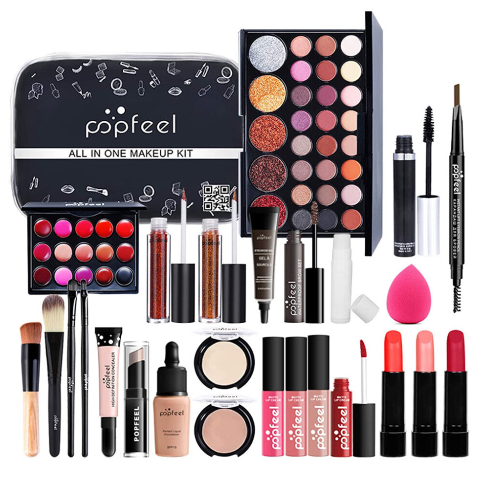 27Pcs Makeup Set Matte Lipstick Professional Eyeshadow Palette Mascara Gift With Cosmetic Bag Travel Portable Long Lasting