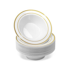 25pcs Disposable Plastic Bowls-12 oz Soup Bowls - Gold Trim Real China Design - Premium Heavy Duty Plastic Plates for Wedding