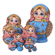 Russian Hand Painted Nesting Dolls 10 Set Pink MATRYOSHKA Blue Flowers GIFT
