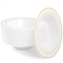 12oz White Gold Trim Plastic Soup Bowls -Premium Heavy Duty Disposable Dinnerware for Weddings, Parties, Catering & Everyday Use